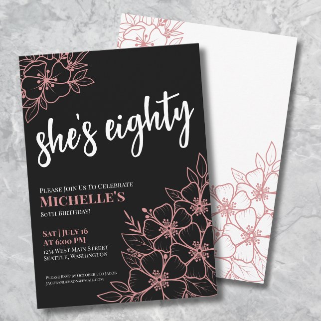 Convite Festa de 80 Anos de Idade Oitenta Rosas Pretas Dou (Eighty Black Rose Gold Pink 80th Birthday Party Invitation)