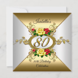 Convite Festa de 80 Anos de Idade Rosas Douradas vermelhas