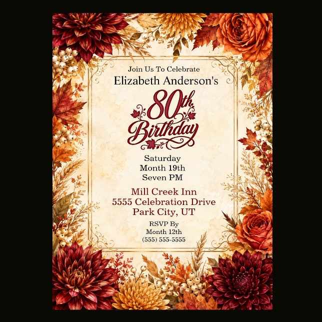 Convite Festa de 80 Anos de Luxo Outonal (Luxury Fall 80th Birthday Invitation For Women.)