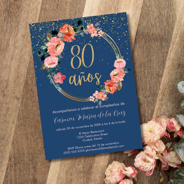 Convite Festa de 80 Anos Elegante e Chique com Flores Espa (Criador carregado)