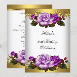 Convite Festa de 80 Anos Elegante Rosas Roxo Dourado