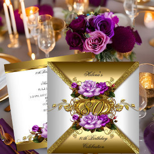 Convite Festa de 80 Anos Elegante Roxo Dourado Rosas 3