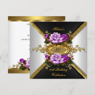 Convite Festa de 80 Anos Elegante Roxo Dourado Rosas 4