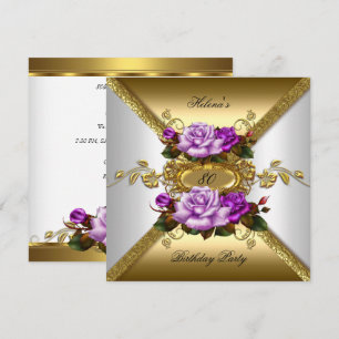 Convite Festa de 80 Anos Elegantes Rosas Roxo Dourado