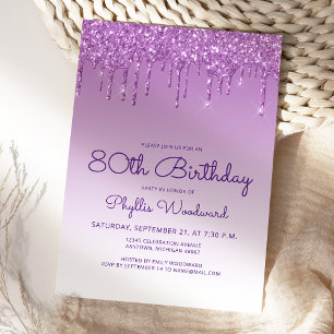 Convite Festa de 80 Anos Glitter Drip Roxo