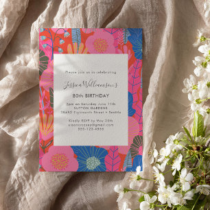 Convite Festa de 80 Anos Moderna Boho com Flores Vermelhas