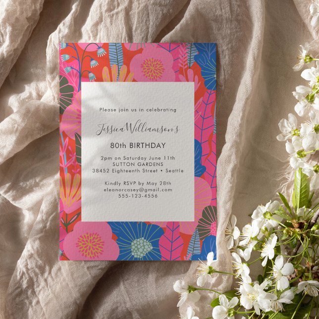 Convite Festa de 80 Anos Moderna Boho com Flores Vermelhas (Criador carregado)