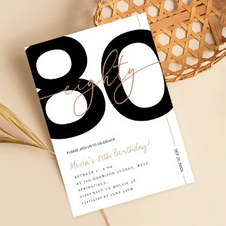 Convite Festa de 80 Anos Moderna Minimalista em Branco e D