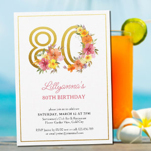 Convite Festa de 80 Anos Número 80 Dourado Floral Bonito I