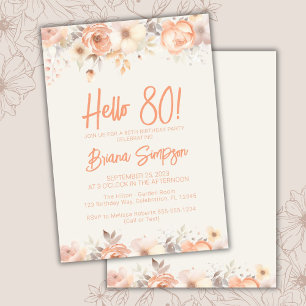Convite Festa de 80 Anos Peach Bege Marfim Floral