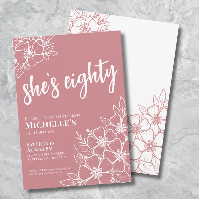Convite Festa de 80 Anos Rose Gold (Eighty Rose Pink 80th Birthday Party Invitation)
