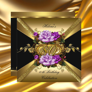 Convite Festa de 80 Anos Roxo Rosas Douradas Preto