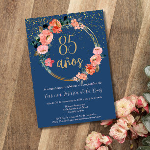 Convite Festa de 85 Anos com Floral Rosa Dourado Azul Espa