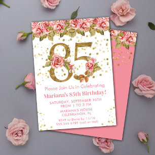 Convite Festa de 85 anos com Glitter Dourado e Floral Rosa
