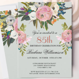 Convite Festa de 85 Anos com Tema Floral Pintado à Mão Ele