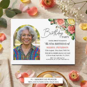 Convite Festa de 87 Anos Elegante Floral com Foto