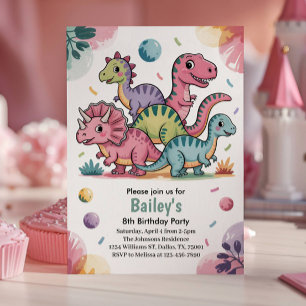 Convite Festa de 8 Anos do Dinossauro Rosa Fofo para Crian