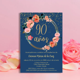Convite Festa de 90 Anos Azul Espanhol Floral Elegante