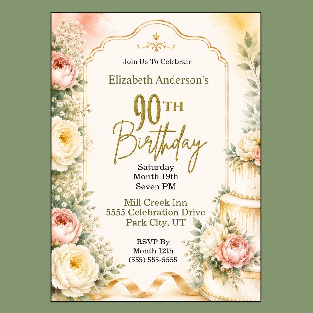 Convite Festa de 90 Anos Beautiful Peony (Beautiful Peony Flower 90th Birthday Invitation For Women.)
