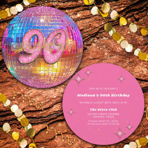 Convite Festa de 90 Anos Bola de Discoteca Brilho Dourado 