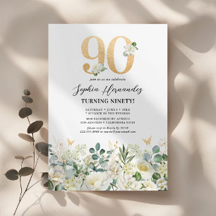 Convite Festa de 90 Anos com Floral Verde e Branco