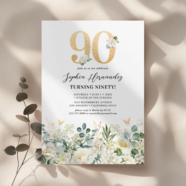 Convite Festa de 90 Anos com Floral Verde e Branco (Criador carregado)