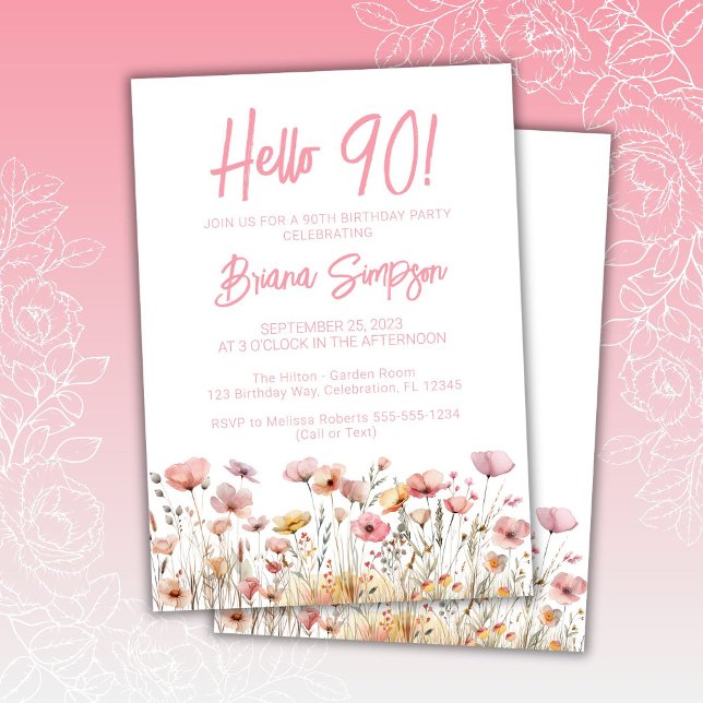 Convite Festa de 90 anos com tema floral rosa (Criador carregado)