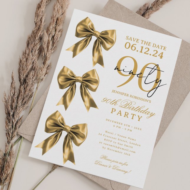 Convite Festa de 90 anos Coquette Dourada Salvar Data (Gold Coquette Bow Save Date 90th Birthday Party Invitation)