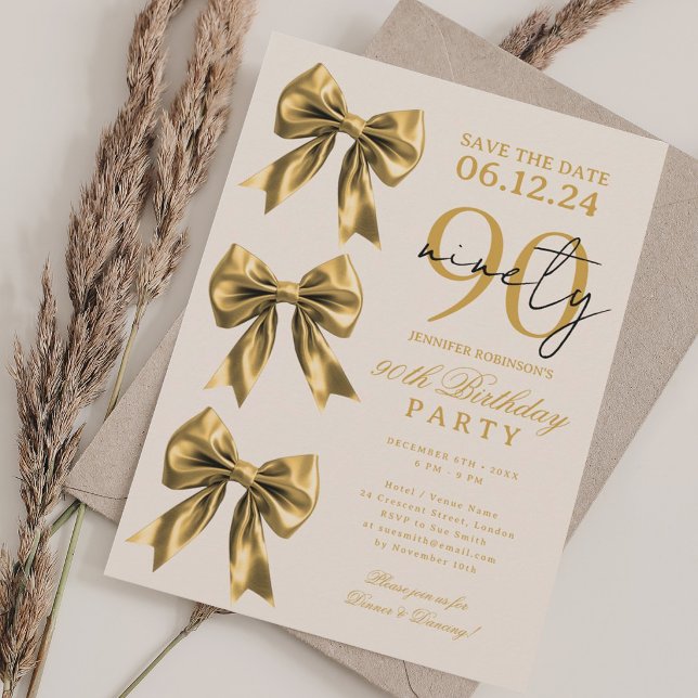 Convite Festa de 90 anos Coquette Dourada Salvar Data (Gold Coquette Bow Save Date 90th Birthday Party Invitation)