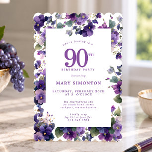 Convite Festa de 90 Anos de Aniversário Flor Violeta Roxa
