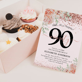 Convite Festa de 90 Anos Elegante com Flores Cor-de-Rosa e