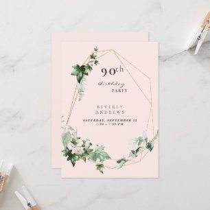 Convite Festa de 90 Anos Elegante Folhagem Champanhe Rosa