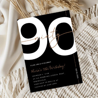 Convite Festa de 90 Anos Moderno Minimalista Preto e Doura