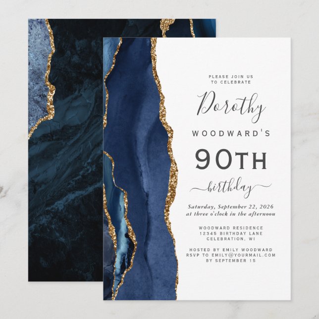 Convite Festa de 90 Anos Navy Blue Gold Agate (Frente/Verso)