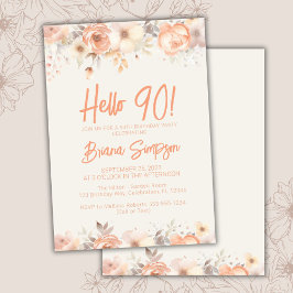 Convite Festa de 90 Anos Peach Bege Marfim Floral
