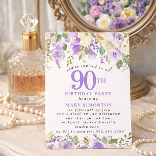 Convite Festa de 90 Anos PETITE Rosa Floral Roxa