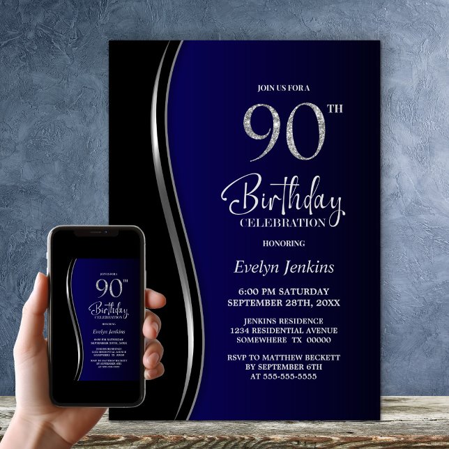 Convite Festa de 90 Anos Preto e Azul (Criador carregado)