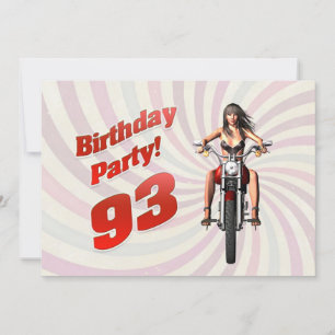 Convite festa de 93º aniversário com uma garota numa moto