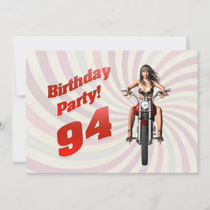 Convite festa de 94º aniversário com uma garota numa moto