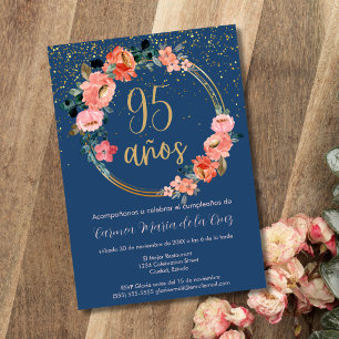 Convite Festa de 95 Anos Azul Espanhol Floral Elegante