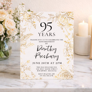 Convite Festa de 95 anos em dourado e floral branco