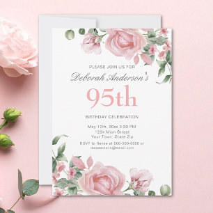 Convite Festa de 95 anos Watercolor PInk Rose