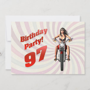 Convite festa de 97º aniversário com uma garota numa moto