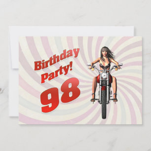 Convite festa de 98 anos com uma garota numa moto