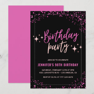 Convite Festa de 98 anos Pink Black Glitter Glam