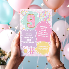 Convite Festa de 9 anos varsity preppy pastel patch