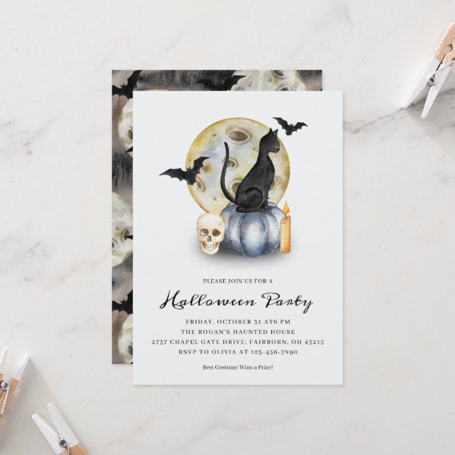 Convite Festa de Abóbora de Gato de Halloween (Frente/Verso In Situ)