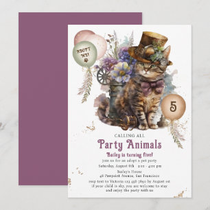 Convite Festa de Adoção de Gatinho Steampunk de 5 Anos
