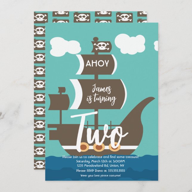 Convite Festa de Ahoy de Ahoy de Nascimento de Navio Pirat (Frente/Verso)