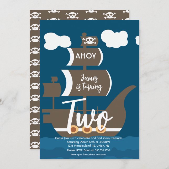 Convite Festa de Ahoy de Ahoy, navio pirata, qualquer idad (Frente/Verso)
